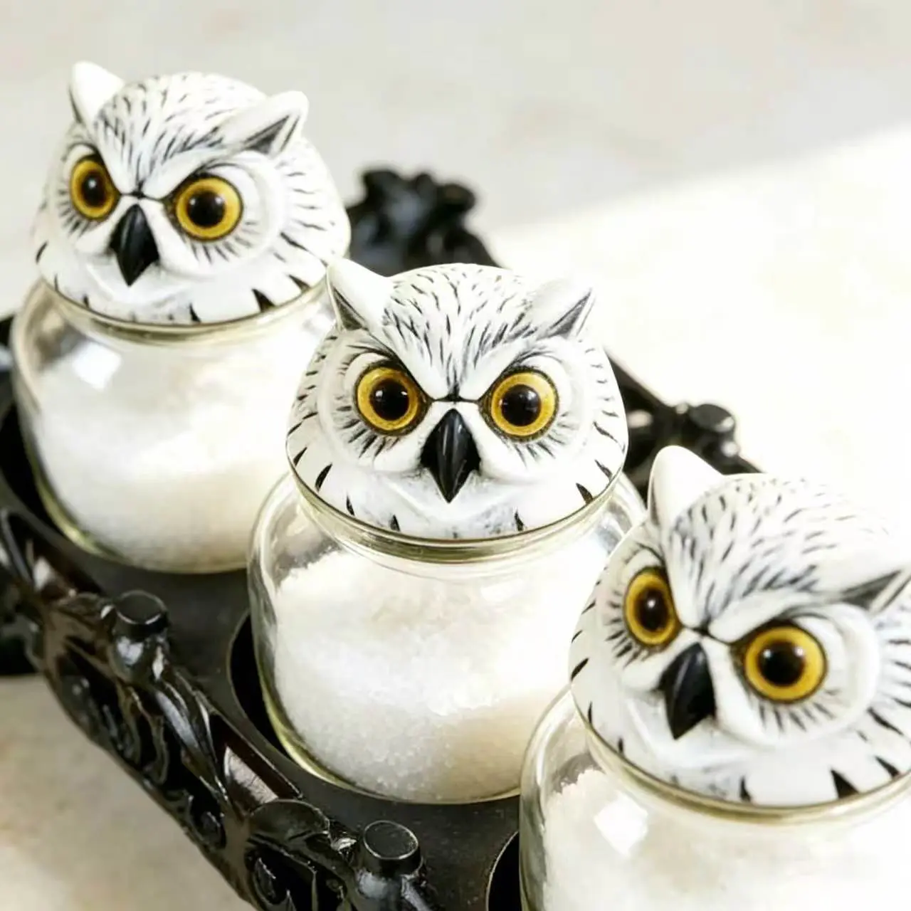 3 Gothic Ceramic Eagle-Head Spice Jars - Handcrafted Vintage Glass Lids, Sturdy Kitchen Decor Jar, Aesthetic Halloween Spice Storage, Ideal Practical Decorative Gift for Owl & Gothic Enthusiasts