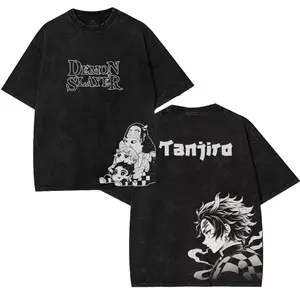 Kamado Tanjiro Akaza Upper Moon Rank 3 Infinity Castle Demon Slayer Kimetsu No Yaiba Anime Double Printed Acid Washed T-Shirt Tops Graphic Tee American Made Oversized 100% Cotton S-5XL casual streetwear menswear streetwear graphic tee Fabric
