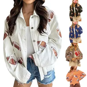 Kingapril Women's Game Day Corduroy Sequin Football Cropped Jacket Rugby Oversized Lapel Button Down Shirt Shacket Coat