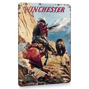 Aluminum Vintage Western Winchester Guns Sign - 8x12" Retro Aluminum Poster |     Bear, Goat & Deer Hunting Scene Decor Wall