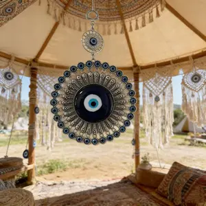 Bohemian Style Demon Eye Wall Hanging Decoration, Silver Color Metal Blue Turkish Eyes Dreamcatcher, Vintage Home Decor Ornament