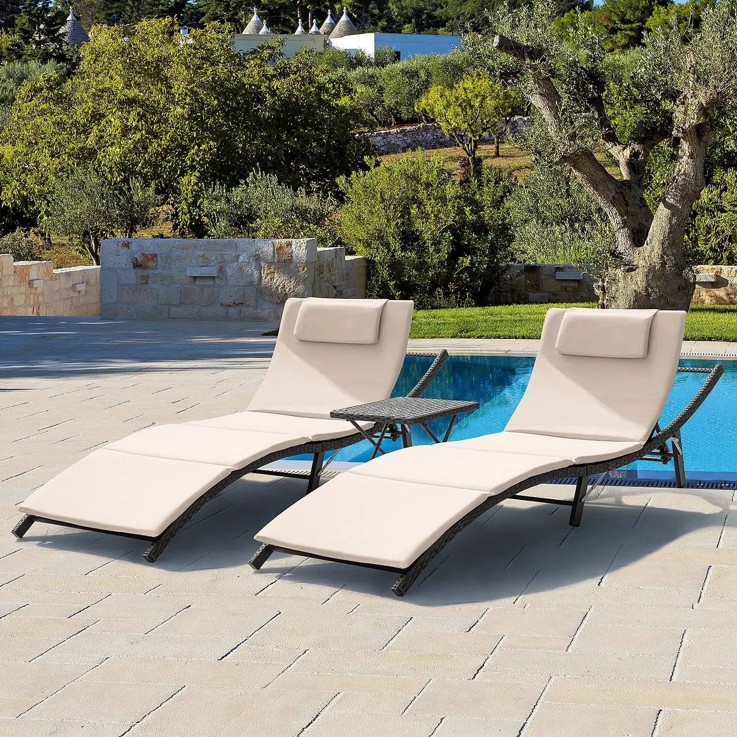 HOMALL 3 Pieces Patio Chaise Lounge Chair Sets Outdoor Beach Pool PE Rattan Reclining Chair with Folding Table and Cushion, Beige