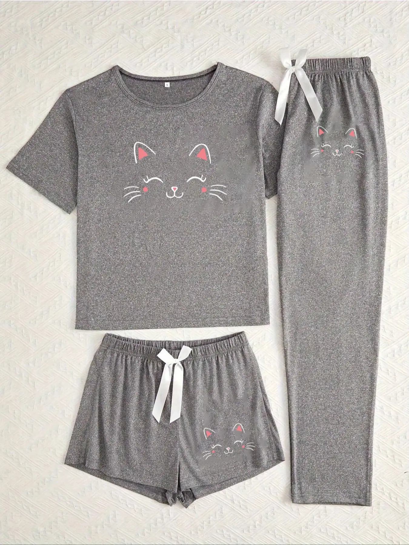 Women's 3-Piece Pajama Set with Cat Face Print, Casual Fitted Sleepwear for All Seasons, Comfortable Moderate Knit Fabric Loungewear Pjs Homewear