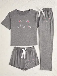 Women's 3-Piece Pajama Set with Cat Face Print, Casual Fitted Sleepwear for All Seasons, Comfortable Moderate Knit Fabric Loungewear Pjs Homewear