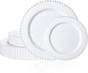 60 Piece Combo Plastic Plates Disposable Plastic Fancy Heavy Duty Party Dishes 7 inch and 10 inch, White Beaded