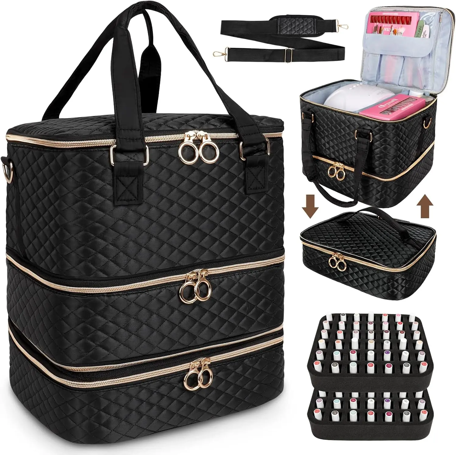 3-Tier Removable Makeup Shoulder Tote - Nylon Shell Large Capacity Bag with Layered System, Nail Art Tool Organizer Holds Up to 84 x 0.5oz(15ml) Bottles, Nail Lamp-Compatible Travel Luggage for Manicure Supplies