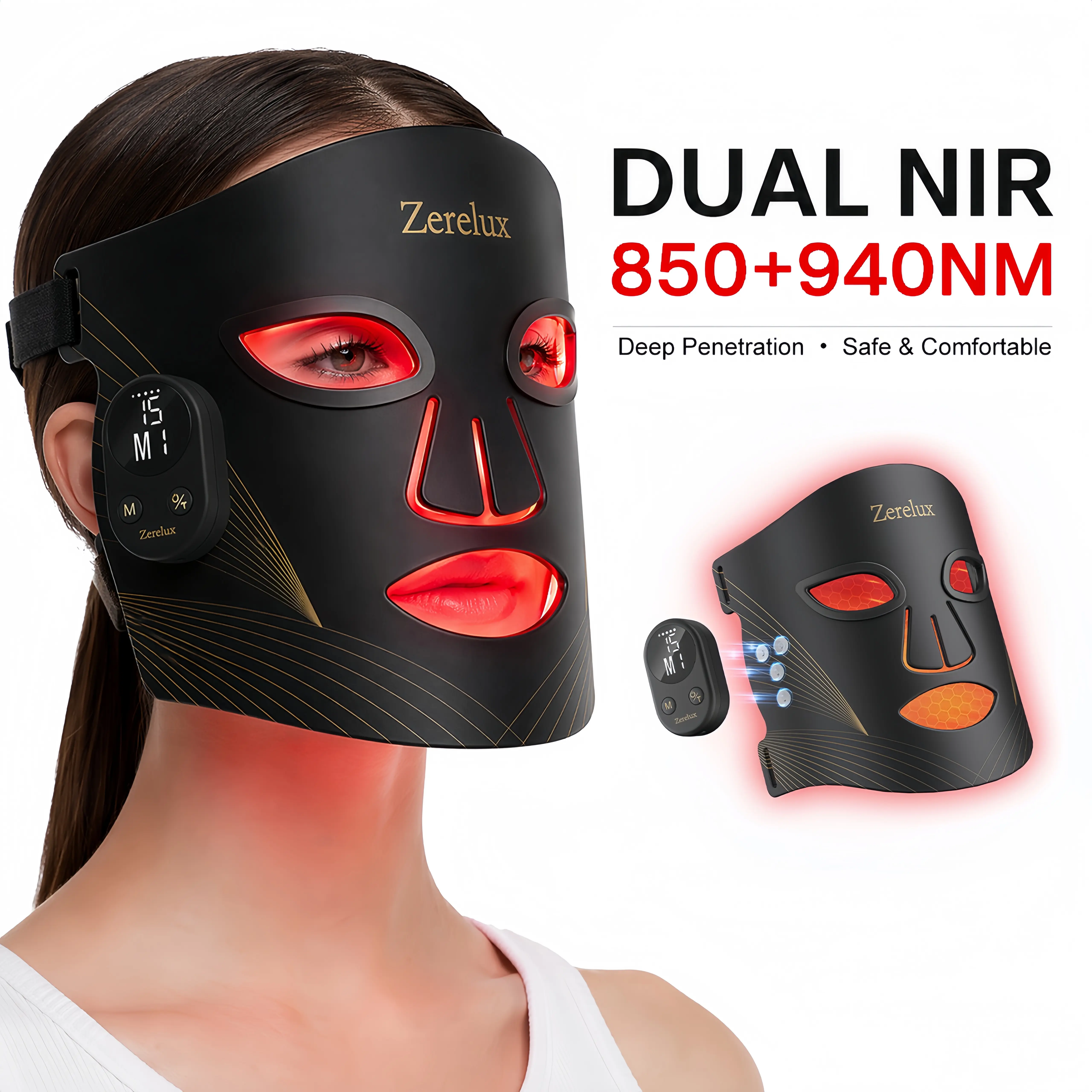 Zerelux Red Light Therapy Mask with Near-Infrared, Cordless LED Beauty Instrument for At Home Facial Skin Care, 5 Adjustment Functions, Cordless Beauty Instrument, Skin Care Tool, Adult, Self Care Gadgets