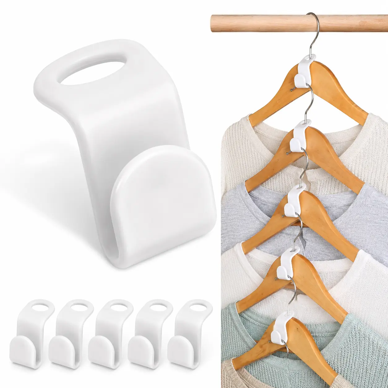 Space-saving hanger with multiple connection hooks. Heavy-duty clothing hanger with connection hooks. Hangers use hooks. Random colors.