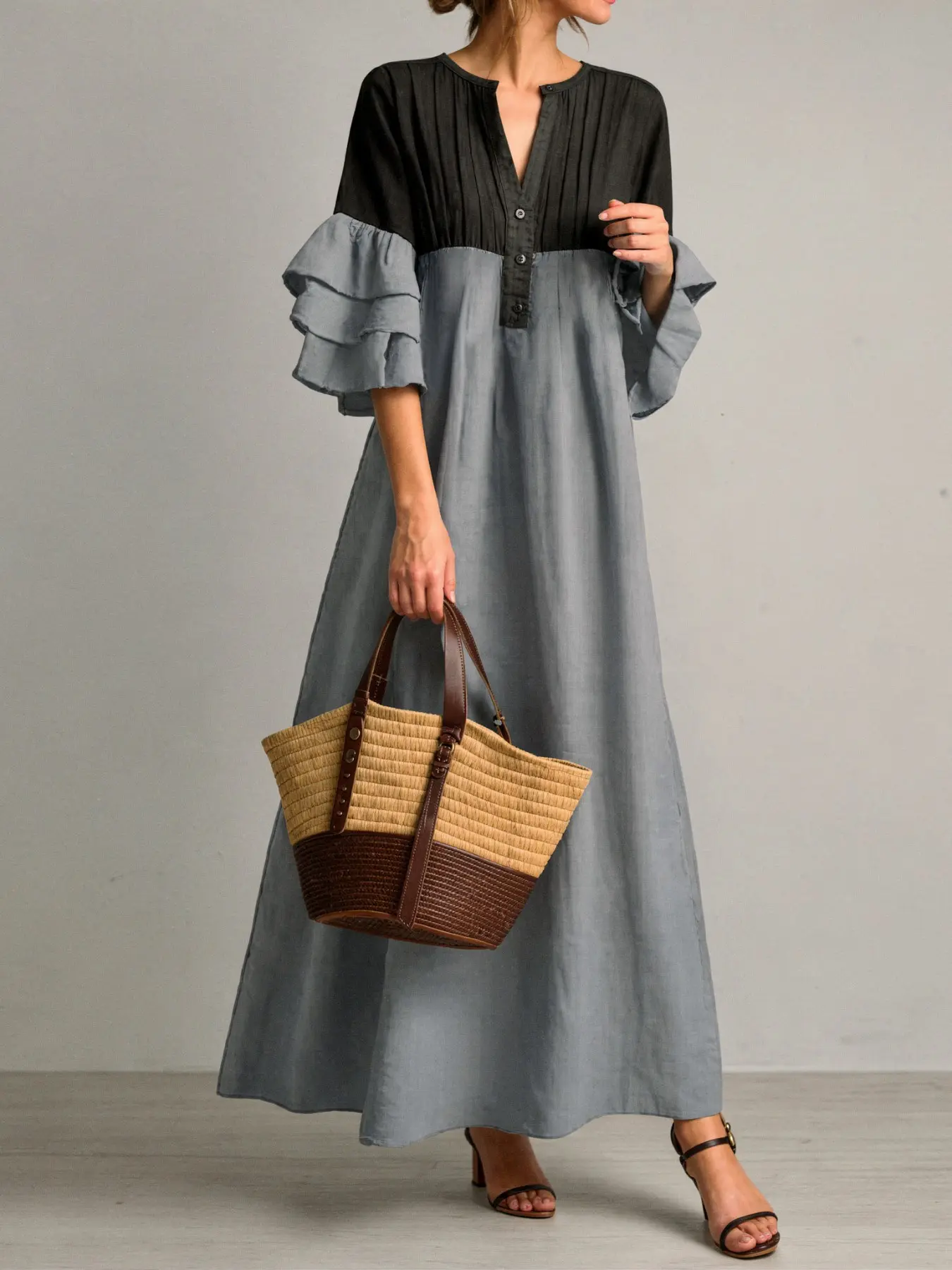 Women's Plain Color Dress, V Neck Seven-Quarter Ruffled Sleeves Patchwork Contrast Half Button Loose Fit A-Line Design, Elegance, Casual Boho Chic, Boho Style, Boho Dresses