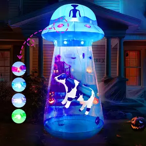 9 FT Tall Halloween Inflatable Blue Flat Rim UFO with Built-in Color Changing LEDs Blow Up for Halloween Indoor Outdoor Yard Garden Lawn Party Decoration