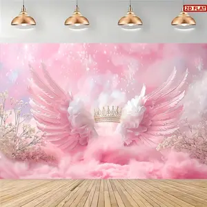 2D Flat Decorative Banner, 1pc Banner , angel wings and crown photography Shimmer Wall Backdrop - Party hanging decor for new year, birthday, Wedding, anniversary, valentine's day - multi-functional celebration ornament no electricity -