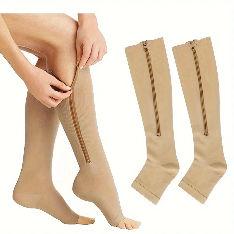 Women's Toeless Compression Stockings with Side Zipper - 1 Pair of Polyester Knit Support Socks for All-Day Wear & Fitness, Female, Breathable