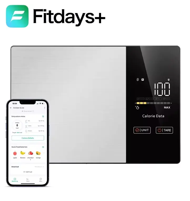 Fitdays+ Smart Nutrition Food Scale with App, Calorie Protein Carb Fat Tracker, 11 lb 5 kg Stainless Steel, High-Precision Digital Sensors, Tare Function, Clear Display