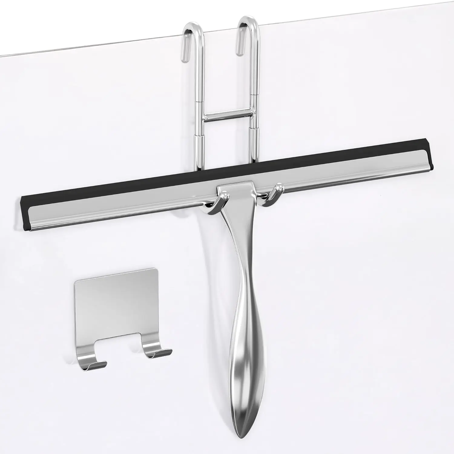12 in Silver Multi-Surface Stainless Steel Shower Squeegee, Modern Bathroom Cleaner Tool with 2 Hooks (Adhesive & Regular) for Shower Glass Doors, Window Glass