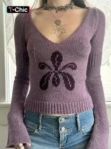 Elegant V Neck Floral Long Sleeve Knitwear Sweater for Women, Slim Fit Casual Top with Chic Unique Design, Perfect for Spring & Fall Fashion