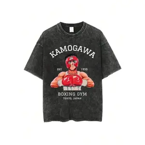 [Single-Side]Vintage Cotton Washed T-Shirt Anime Hajime No Ippo Kamogawa Boxing Gym Loose T Shirts Men Women Y2K Hip Hop Summer Top Tee