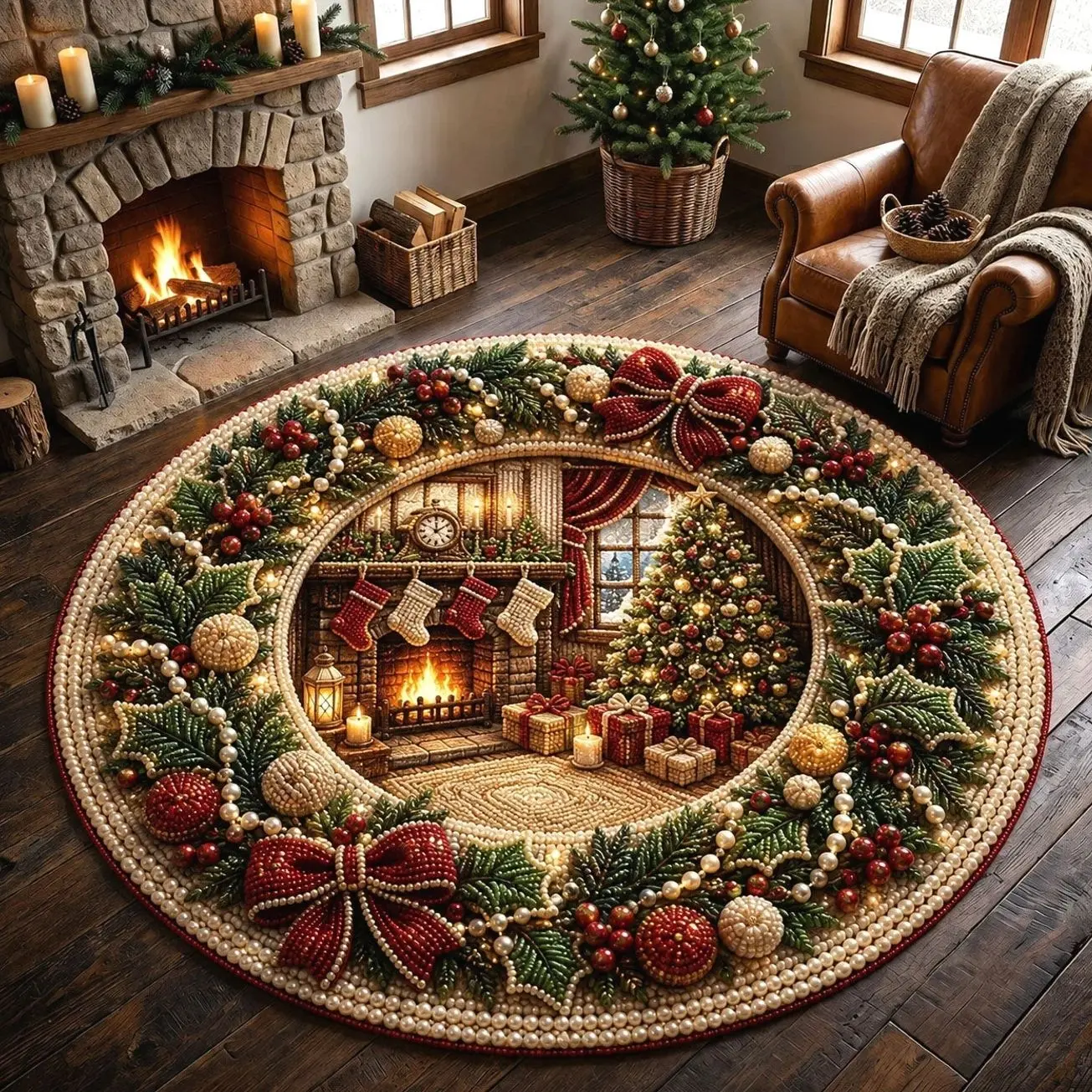 Cozy Christmas Fireplace Quilted Round Mat, 3D Velvet Round Rug, Festive Fireplace Artwork, Warm Holiday Floor Accent, Cozy Winter Home Decor, Christmas Living Room Decoration, Seasonal Gift