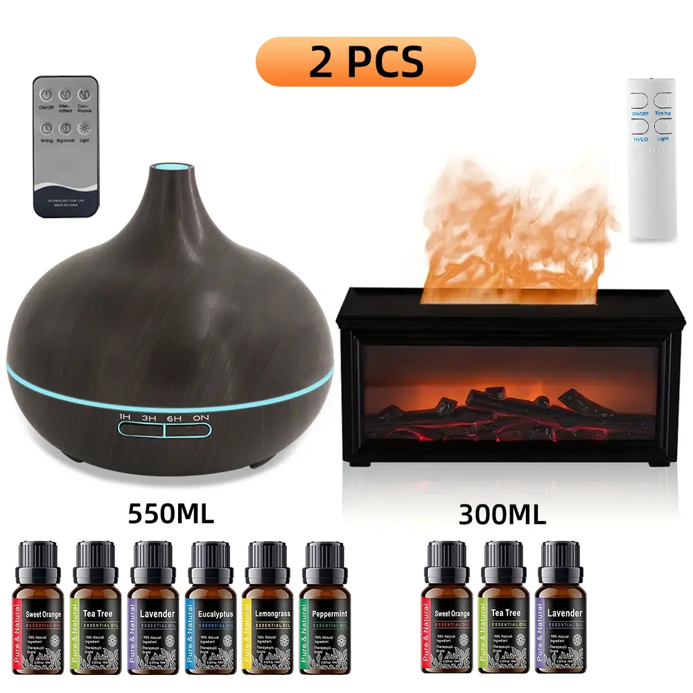 Polypropylene Wood Grain Aromatherapy Gift Set - 2 Cool Mist Humidifiers (2 Modes), 7-Color LED Light, Sound Wave Therapy, Auto-Off, Silent Waterless Diffuser, Air Purifier, 9*10ml Essential Oil, Anxiety Relief, Bedroom Sleep Aid Nightlight Gift Option