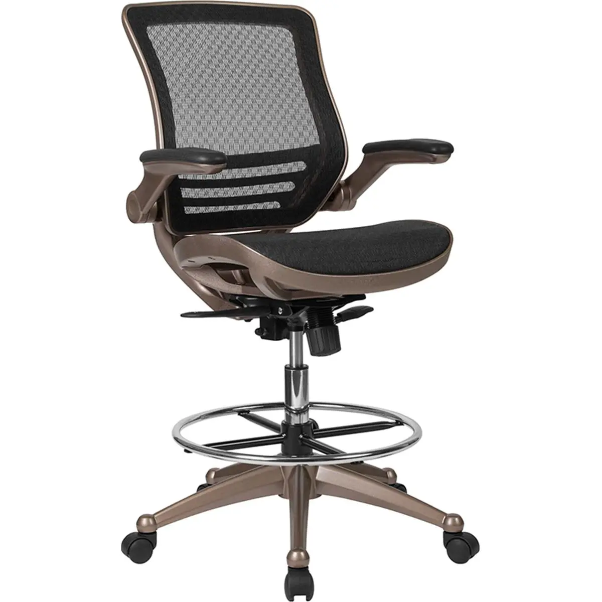 Flash Furniture Mid-Back Modern Mesh Drafting Task Chair with Melrose Gold Frame, Flip-Up Arms, Adjustable Height and Synchro-Tilt, Office Chair, Swivel, Mesh Fabric, Pneumatic Lift