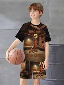 Boys' Junior Cartoon Tung Tung Character Printed Short Sleeve Shorts Set, Casual Fitted Two-Piece for All Seasons