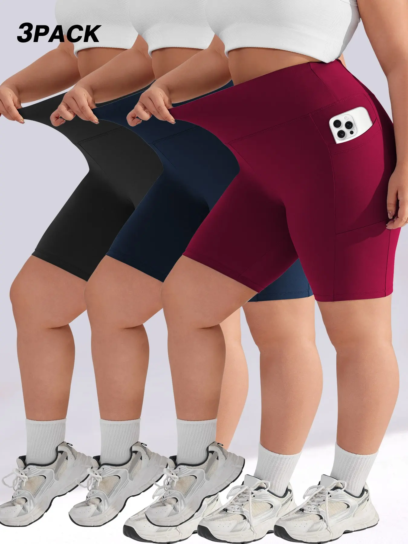 Women's Plus Size High Waist Elastic Skinny Pants, Abdominal Control, Pocket Design, Casual Comfort for Daily Wear & Outdoor Activities, Soft Stretch Shorts, Athletic Wear Shorts, Stretchy Shorts, High Waisted Short