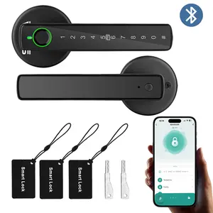Smart Fingerprint Door Lock Keyless Entry Handle Biometric Tech App Control Knob for Room Garage Office Apartment with 100 Fingerprints 50 Passwords 0.3s Recognition 1s Door Opening USB Port Low Battery Alarm