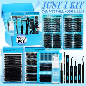 1550PCS/608PCS/592PCS/350PCS Eyelash Clusters Kit Eyelashes Extension Kit D Curl 10 Styles Mixed Length Cat/Doll/Spikes Lashes Kit with Bond&Seal Lash Remover Lash Brush Lash Applicator Lash Shampoo Brush, Eyelash Set, Beginners&Proficient