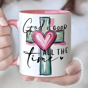 1pc Inspirational Christian Coffee Mug With God Is Good All The Time Message - Pink & Teal Heart & Cross Design, Dishwasher Reusable Cup For Daily Use, Faith-Based Gift For Church, Christmas, Thanksgiving, Birthdays - Uplifting Religious Drin