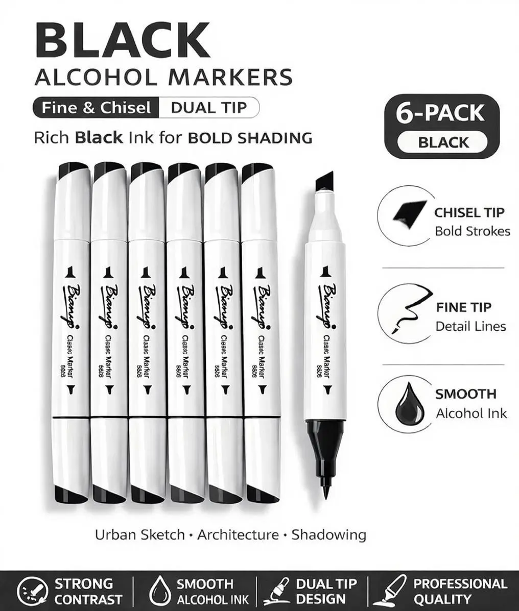 Bianyo 6-Pack Rich Black Alcohol Dual End Markers, Professional Fine & Chisel Dual Tip, Ultra-smooth Ink for Urban Sketching, Architecture, Dual End Marker