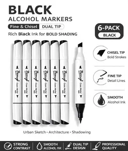 Bianyo 6-Pack Rich Black Alcohol Markers, Professional Dual Tip (Fine & Chisel) for Urban Sketch, Architecture, and Shadowing - Ultra-smooth Ink