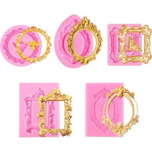 5 Pack Photo Frame Fondant Silicone Molds, Vintage Baroque Style Air Dry Clay Picture Frame Molds for Cake Decorating Cupcake Topper Chocolate Candy Polymer Clay Baking Desserts