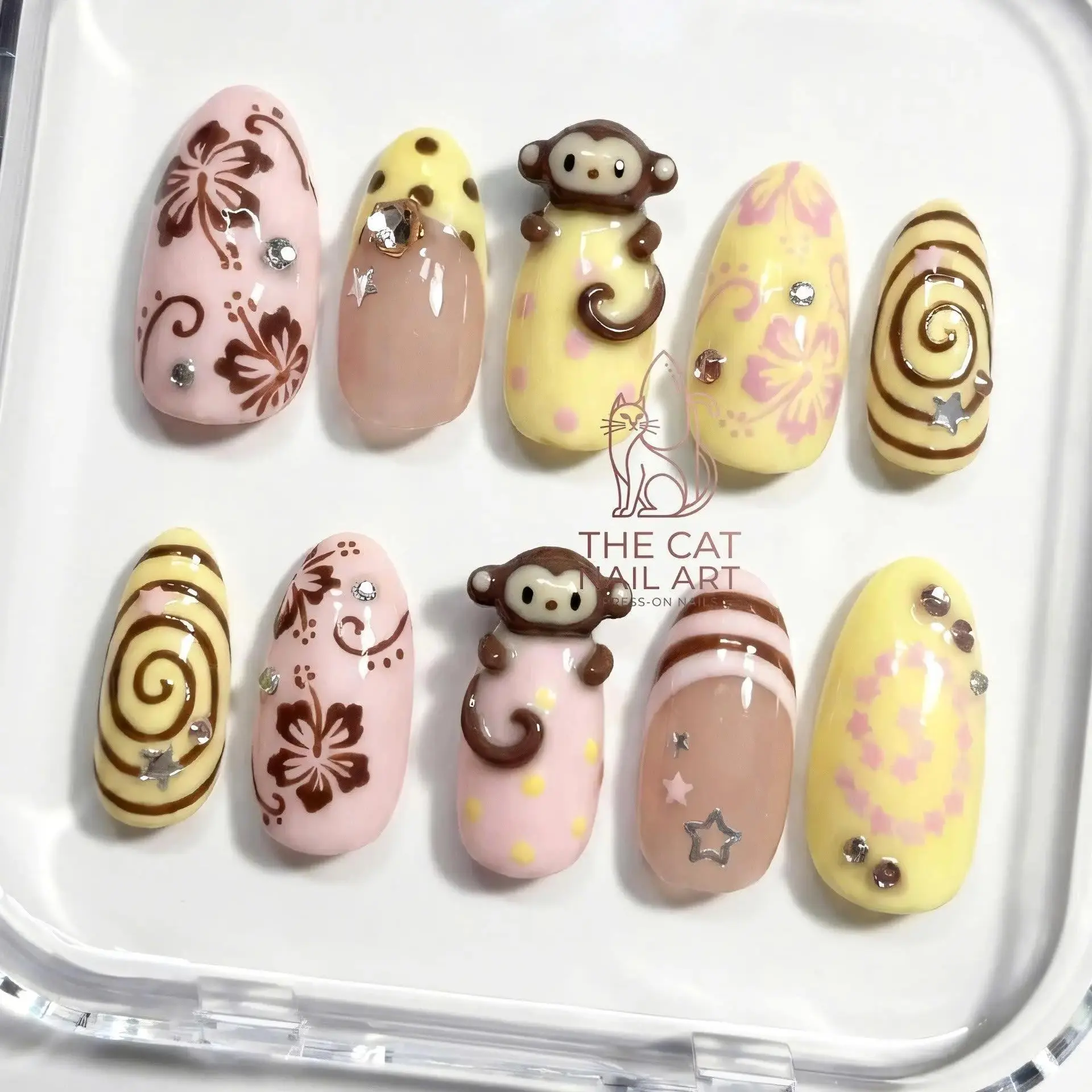 Y2K Retro Tropical Press On Nails: 3D Monkey and Brown Hibiscus Flower | Vacation Nails