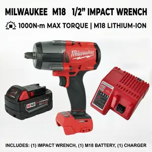 Milwaukee M18 FMTIWF12 18V Cordless 1/2-Inch Square Friction Ring Impact Wrench Complete with Battery and Rapid Charger Offering 1000Nm Capacity and 3000RPM for Demanding Industrial Environments  brushless lmpact Dual-Purpose Kit gun electric driver