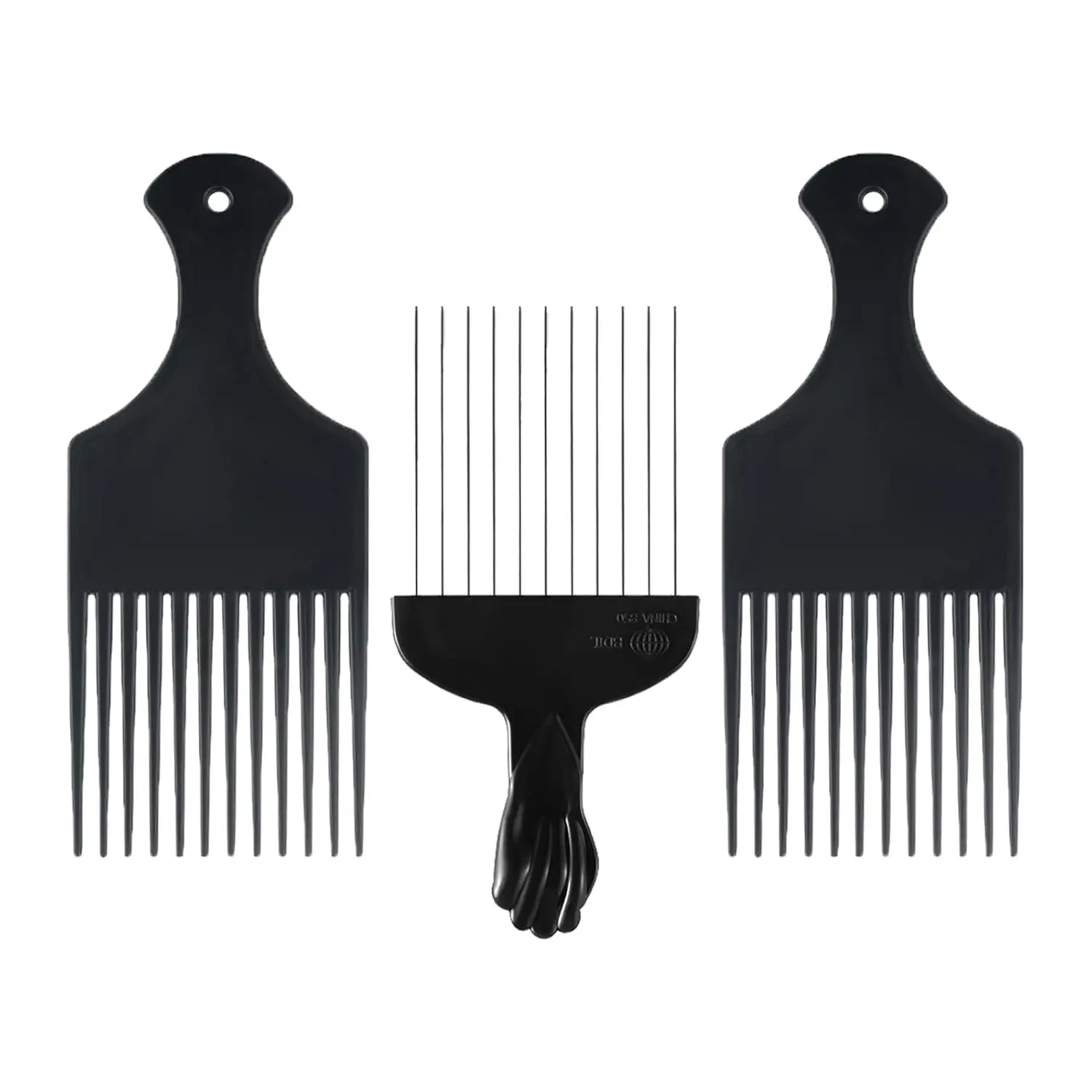 3 Pack Plastic & Metal Hair Pick Comb Set for Curly & Afro Hair – Detangling & Styling for Men & Women – Includes 2 Plastic Picks and 1 Stainless Steel Metal Pick – Comb with Metal Pick