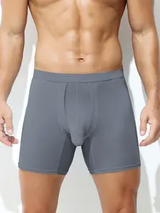 1Pc Men's Solid Color Long Boxer Briefs, Independent Pouch Design, Breathable Comfort Stretch Fabric, For Sports & Fitness, Underwear Boxer Briefs