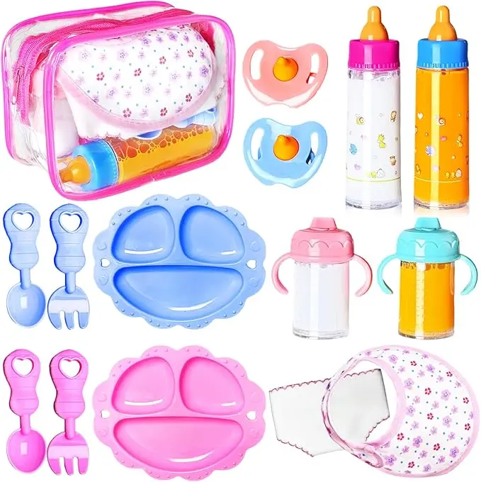 15 PCS Baby Doll Feeding Accessories Set Milk & Juice Bottles Sippy Cups Pacifiers Bib Diaper Bowl & Spoon Pretend Play Doll Feeding Kit for Girls Kids Gift & Party Playset
