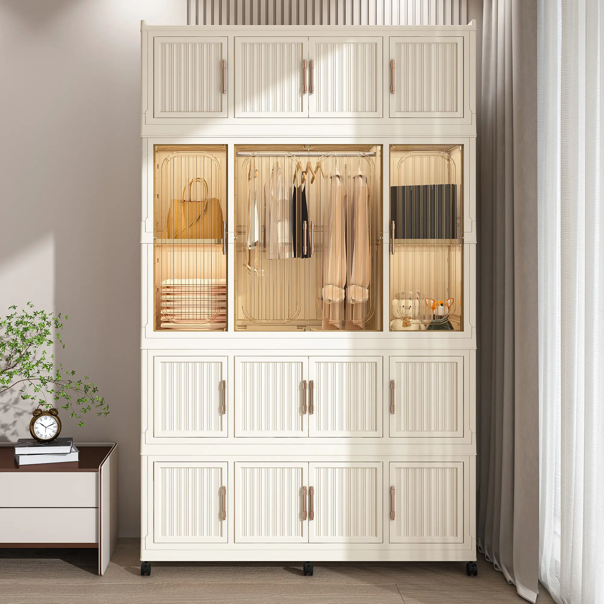 Portable Wardrobe Closet Storage Organizer for Clothes,Clothes Dresser,17 Magnetic Doors-17 Cubes & 1 Hanging Rod,6 pcs hangers , Baby Wardrobe Storage Cabinet,White Modern Apartment Design