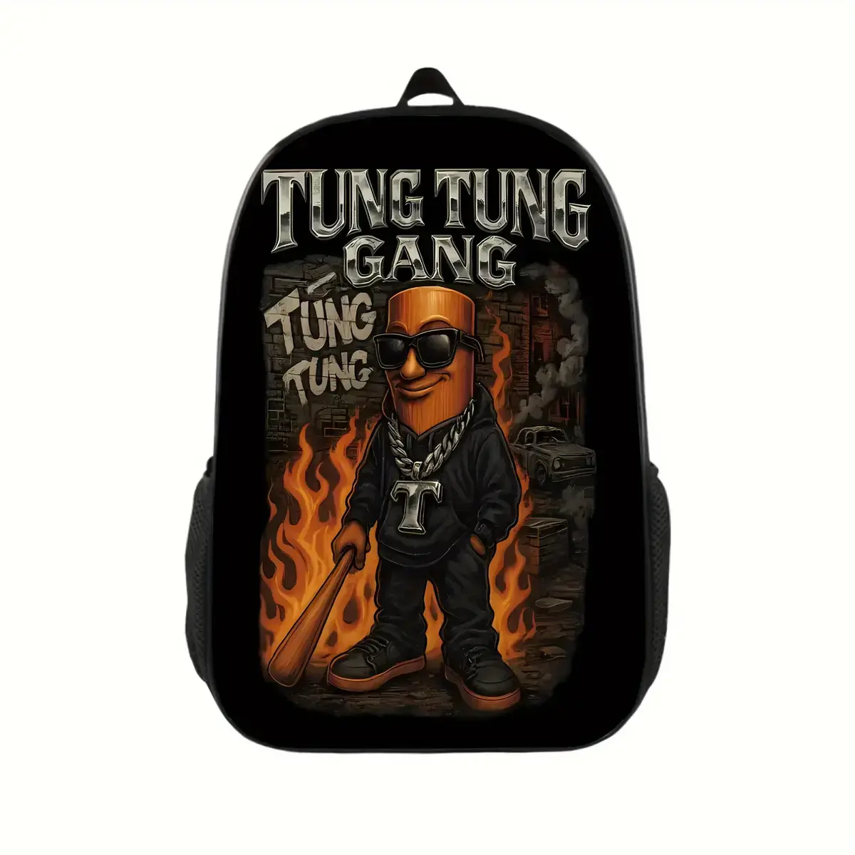 Tung Sahur Gang Graphic Print Lightweight Durable Polyester Backpack - Separate Laptop Compartment, Adjustable Shoulder Straps, Stylish Commuter Essential for School, Work