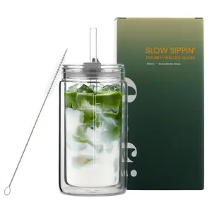 Crafti Slow Sippin' Glass Tumbler with Straw & Lid 11.8oz - 350ml Double-Walled Glass Coffee Cup, Matcha Cup with Volume Markings, Tritan Straw & Cleaner - Reusable, BPA-Free Iced Coffee Tumbler