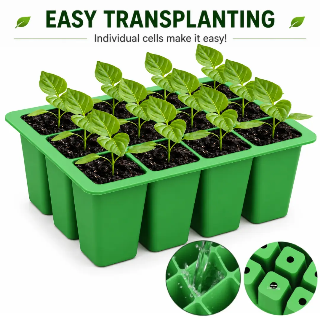 Reusable Silicone Seed Starter Tray 12 Cells | Durable Seedling Germination Kit with Drainage Holes for Indoor Outdoor Gardening | Eco Friendly Plant Pots for Growing Vegetables Flowers Herbs Fruit Saplings | Easy Root Growth Transplanting Green