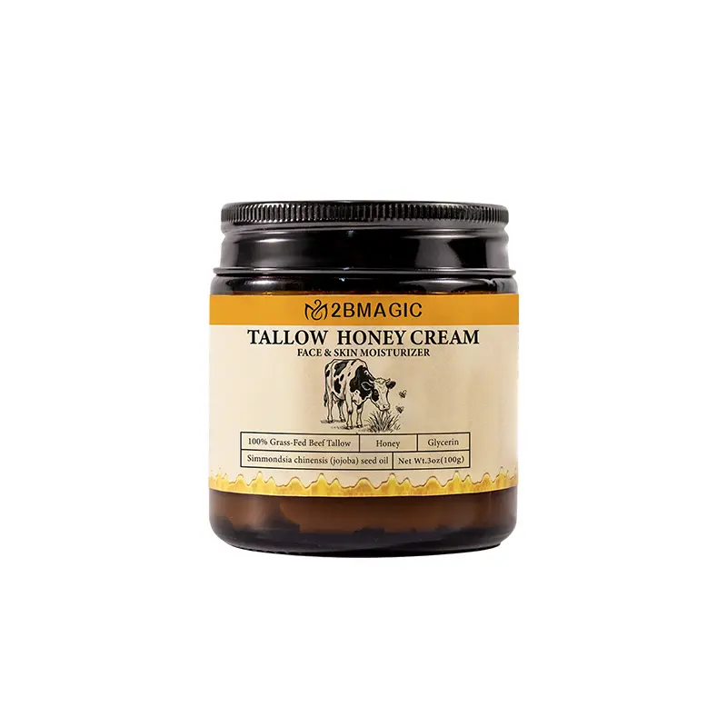 2BMagic Tallow Honey Cream 100g - 100% Grass-Fed Organic Unscented Unisex Face & Body Lotion, Beef Tallow for Skin with Glycerin & Jojoba Oil - Alcohol-Free, Firming, Deep Moisturizing, Skin Repair Daily Lightweight Care, Moisturizer, Body Care