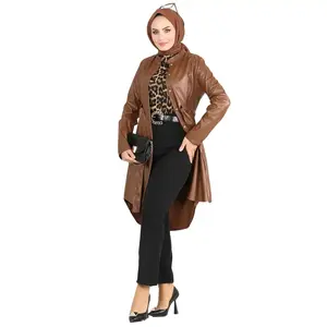 Women's Leather Overcoat in Tan Color - Womenswear