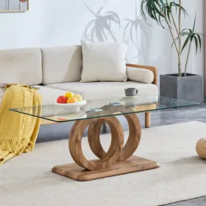 Modern Style Glass Top MDF Coffee Table with Natural Wood Color Base - Coffee Tables for Living Rooms, Lounge Areas, Dimensions 47.2*25.6*17.8 in