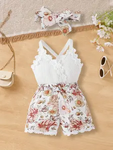 Summer Girls' Floral Halter Jumpsuit, Breathable Lightweight Fabric, Cross-Back Design, Perfect for Outdoor Activities & Gifts, Jumpersuit