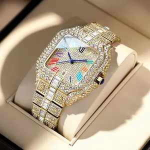 Men Women Diamond Dress Watch Waterproof Quartz Movement Iced Out Moissanite Crystal Roman Numeral Dial Business Casual Fashion Perfect Spring Gift Idea