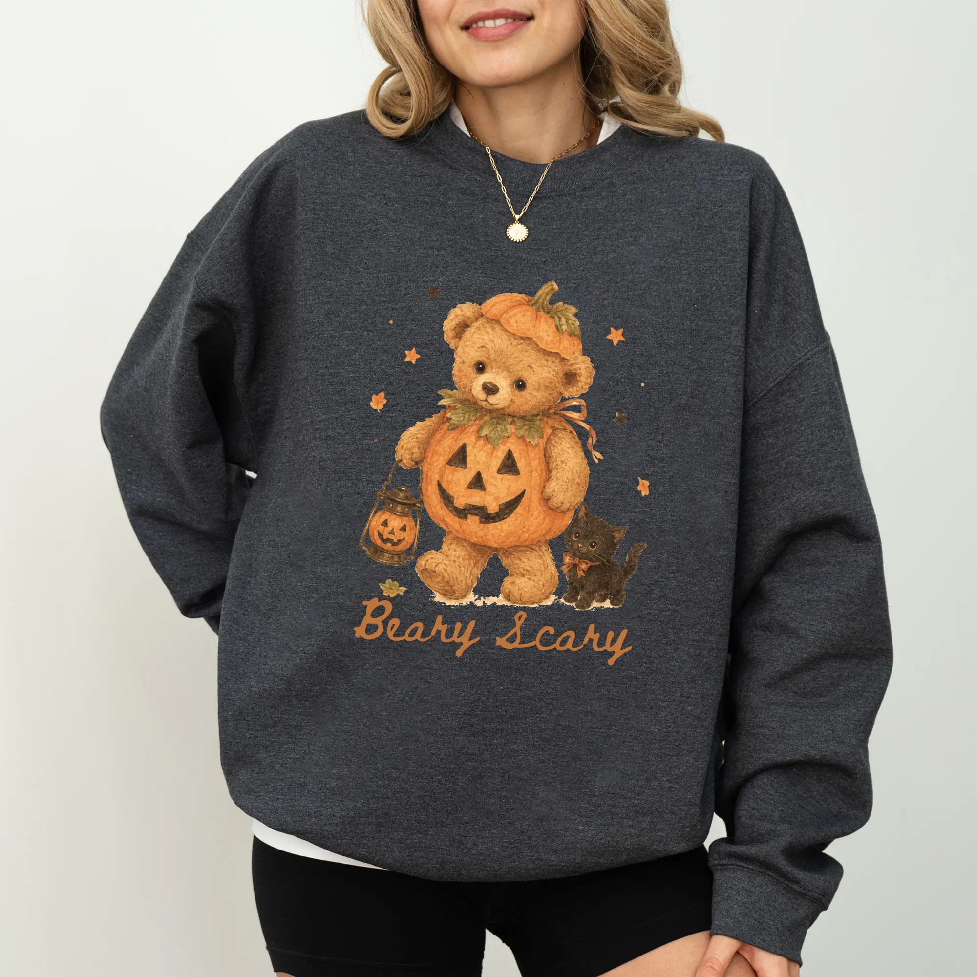 ChicCotton Beary Scary Sweatshirt, Vintage Halloween Bear Crewneck, Retro Teddy Bear Halloween Long Sleeve Pullover, Halloween Nostalgia Sweater