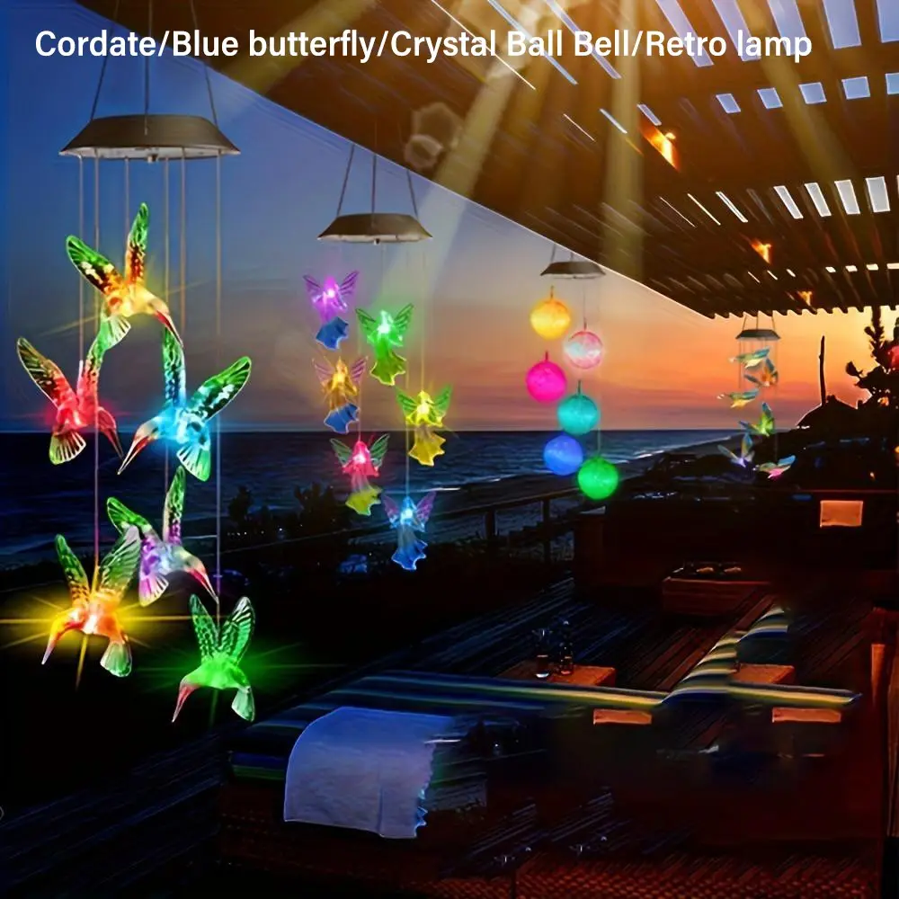 Outdoor LED solar lighting wind chime, IP44 waterproof color changing wind chime light Hummingbird, butterfly wind chime LED decorative light, Garden Decor Lights, Suitable for garden, balcony, party, patio, window decoration Solar Lighted