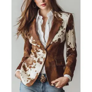 Retro cowhide print eco‑friendly suede sports jacket | Women’s Western Cow Leather Jacket | Sustainable Cow Print Coat GARMENTARY