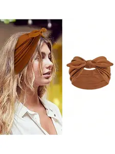 Wide Women’s Rabbit Ear Headband, Cute Solid Color Bow Knot Hair Band, Soft Elastic Headwrap, Sweet Girl Hair Accessory for School, Fall & Winter Outfit, Elegant Scarf Style Bandana