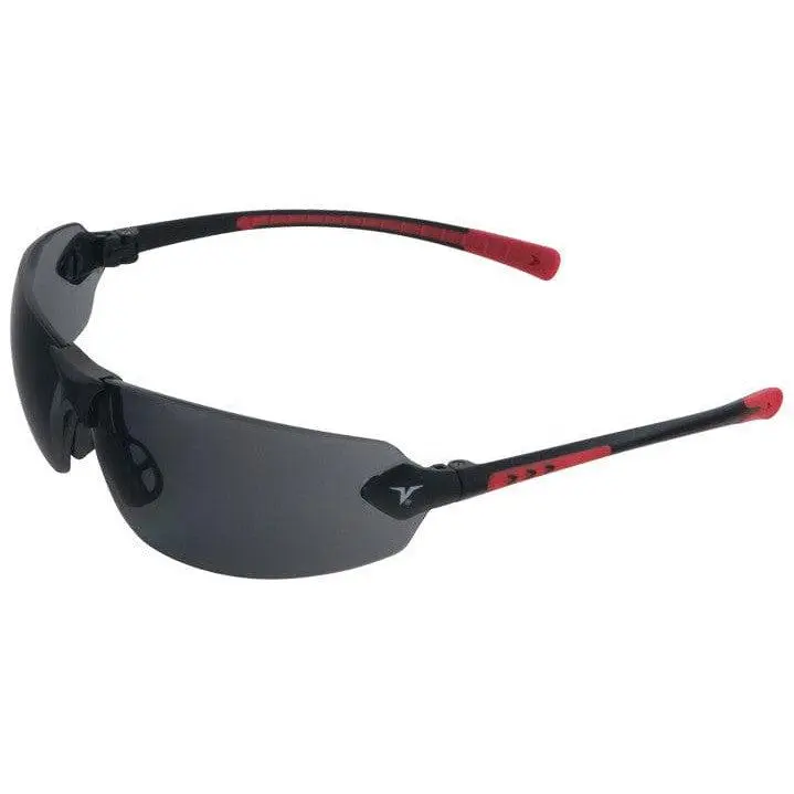 Encon Veratti 429 Safety Glasses - ANSI Z87.1-2010 Certified, Compact, Flexible Frame, Gray Lens, Colorful Co-Injected Rubberized Temples with Red Accent, Extended Wear Work Safety Eyewear for Home Improvement, Sun Protection, Uv Blocking